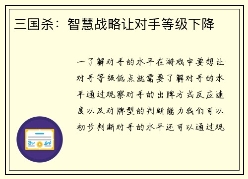 三国杀：智慧战略让对手等级下降