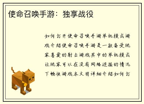 使命召唤手游：独享战役