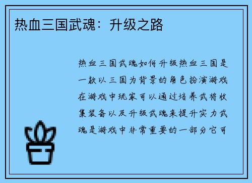 热血三国武魂:升级之路