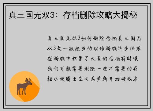 真三国无双3：存档删除攻略大揭秘